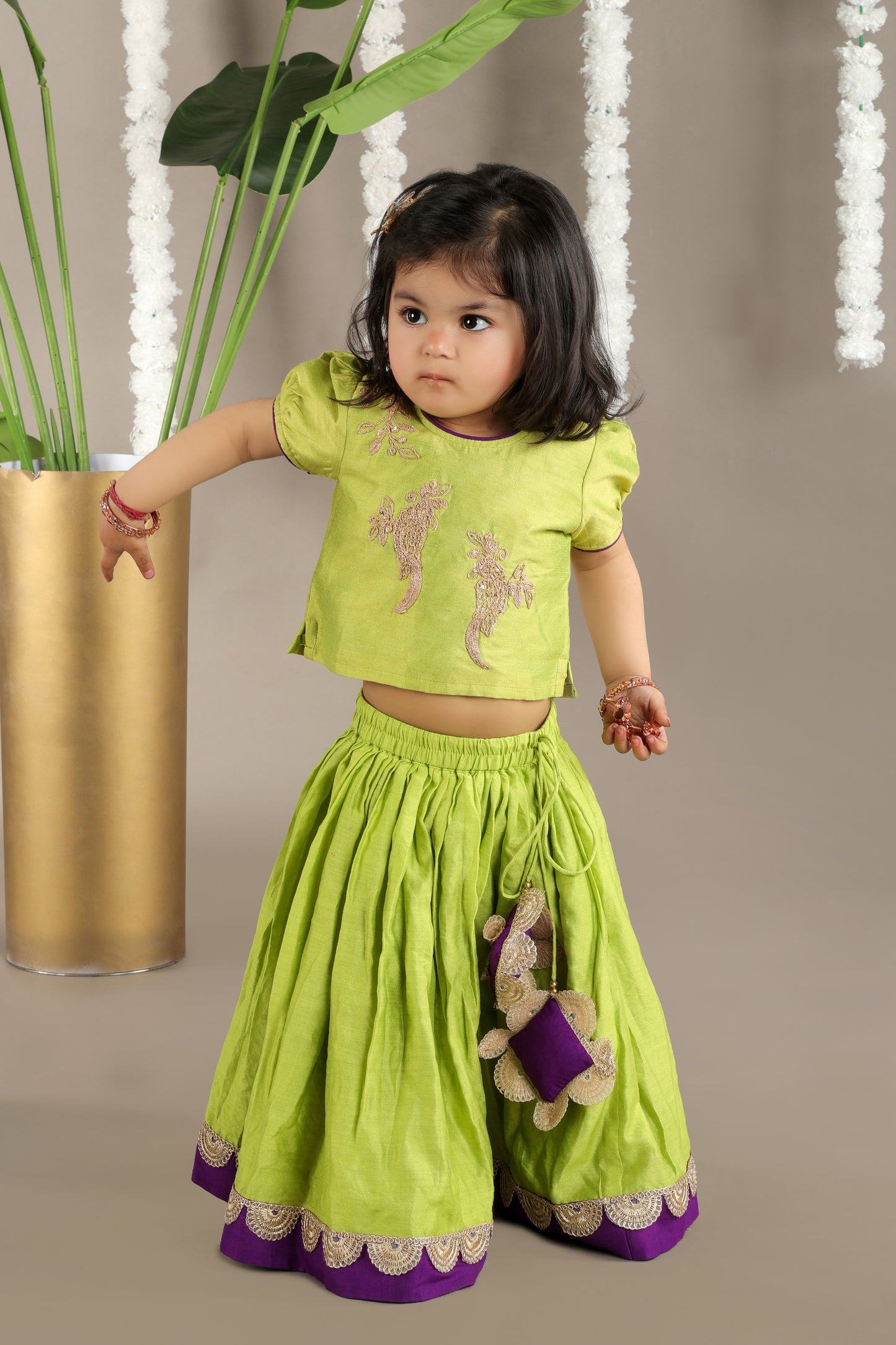 Parrot Green Ghagara With Bird Cord Embroidery Blouse Set