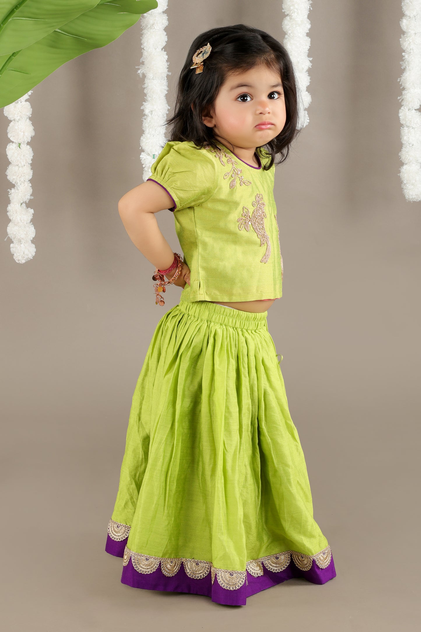 Parrot Green Ghagara With Bird Cord Embroidery Blouse Set