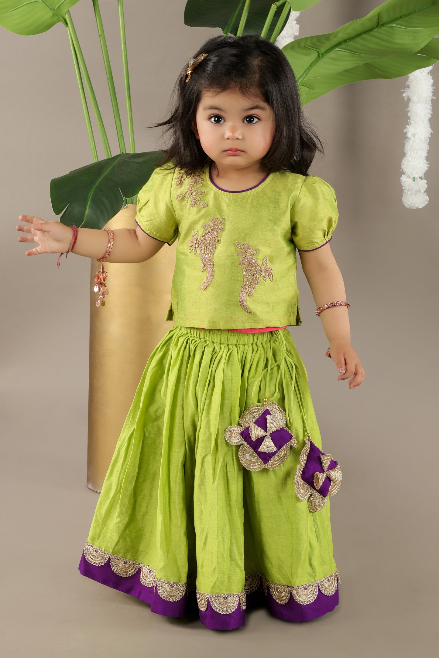 Parrot Green Ghagara With Bird Cord Embroidery Blouse Set