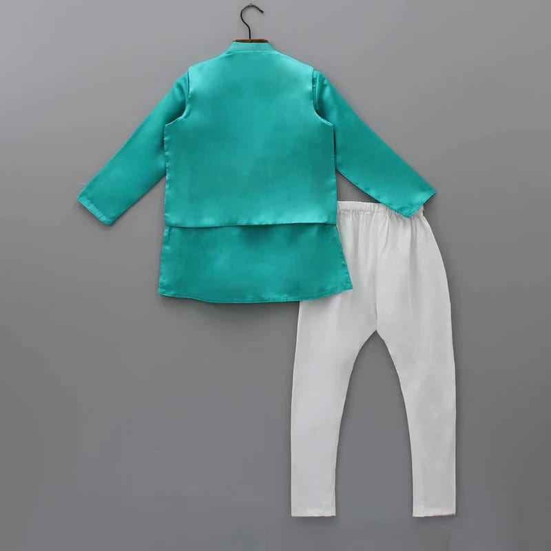 Peacock Green Kurta With Embroidered Open Jacket With Hand With Bottom Set