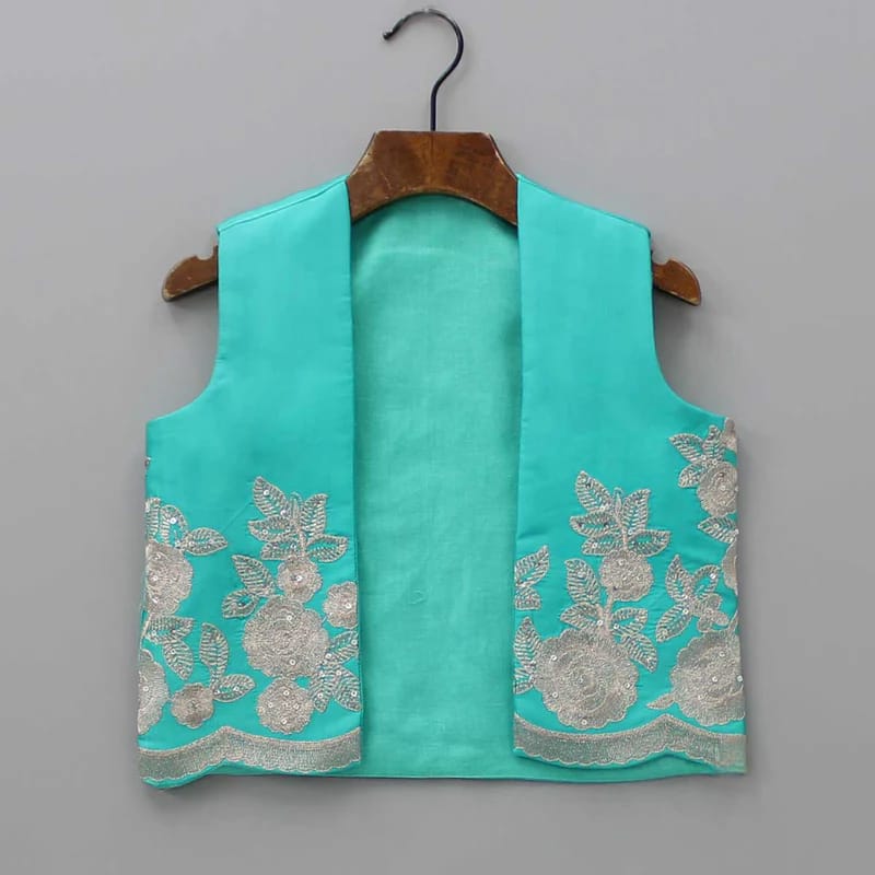 Peacock Green Kurta With Embroidered Open Jacket With Hand With Bottom Set