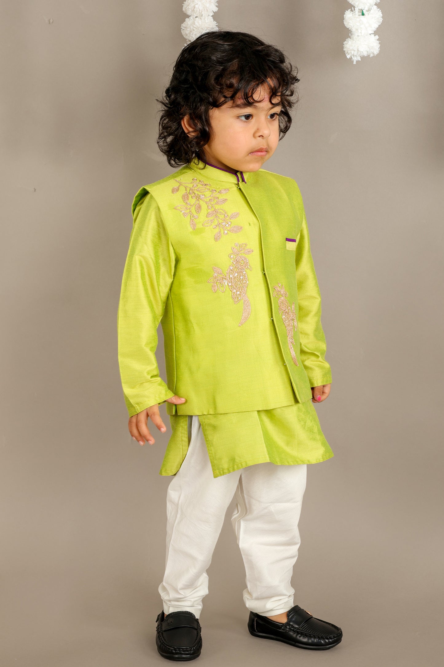 Parrot Green Kurta With Bird Cord Embroidery Bandhgala With Bottom Set