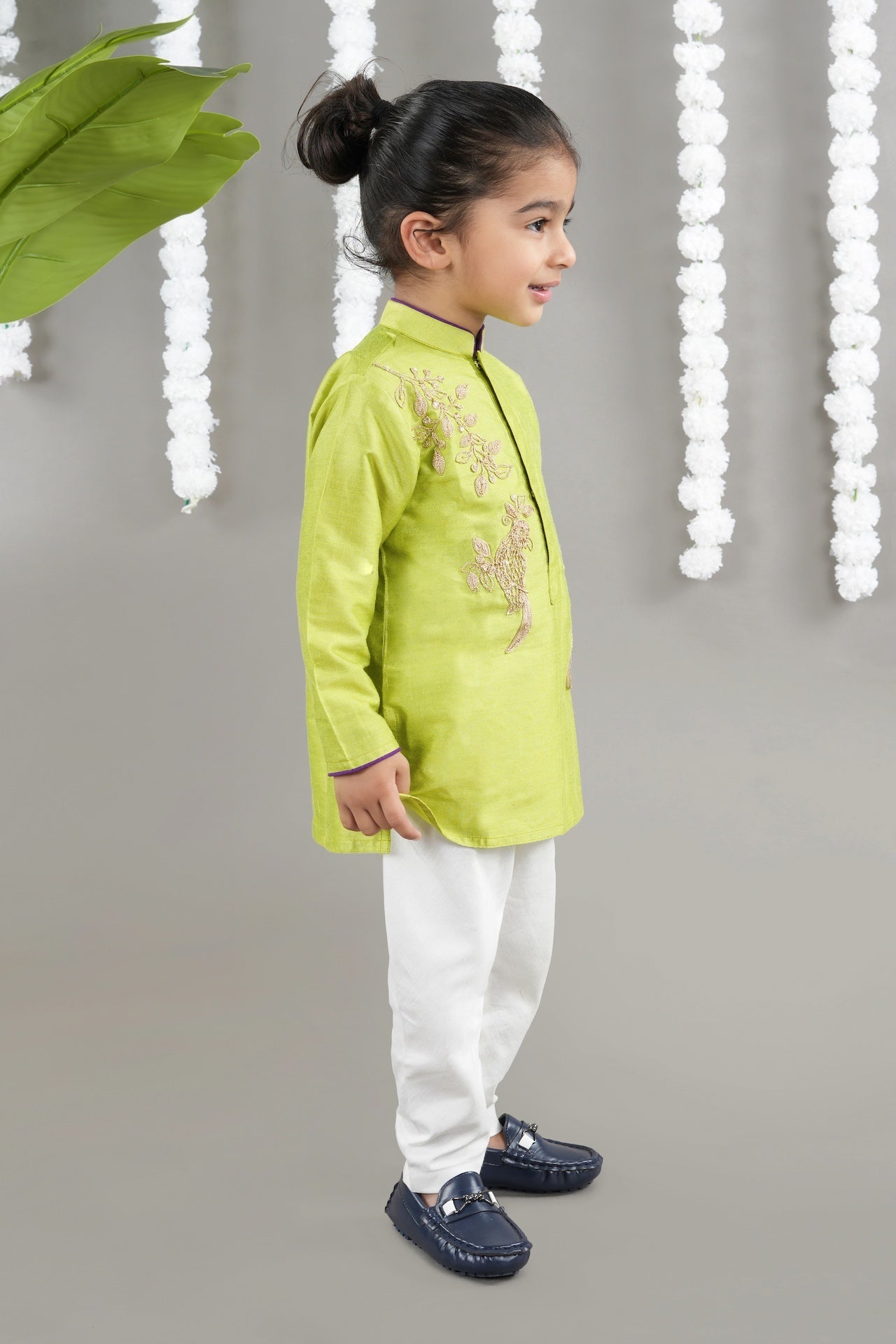 Parrot Green Kurta With Bird Cord Embroidery With Bottom Set