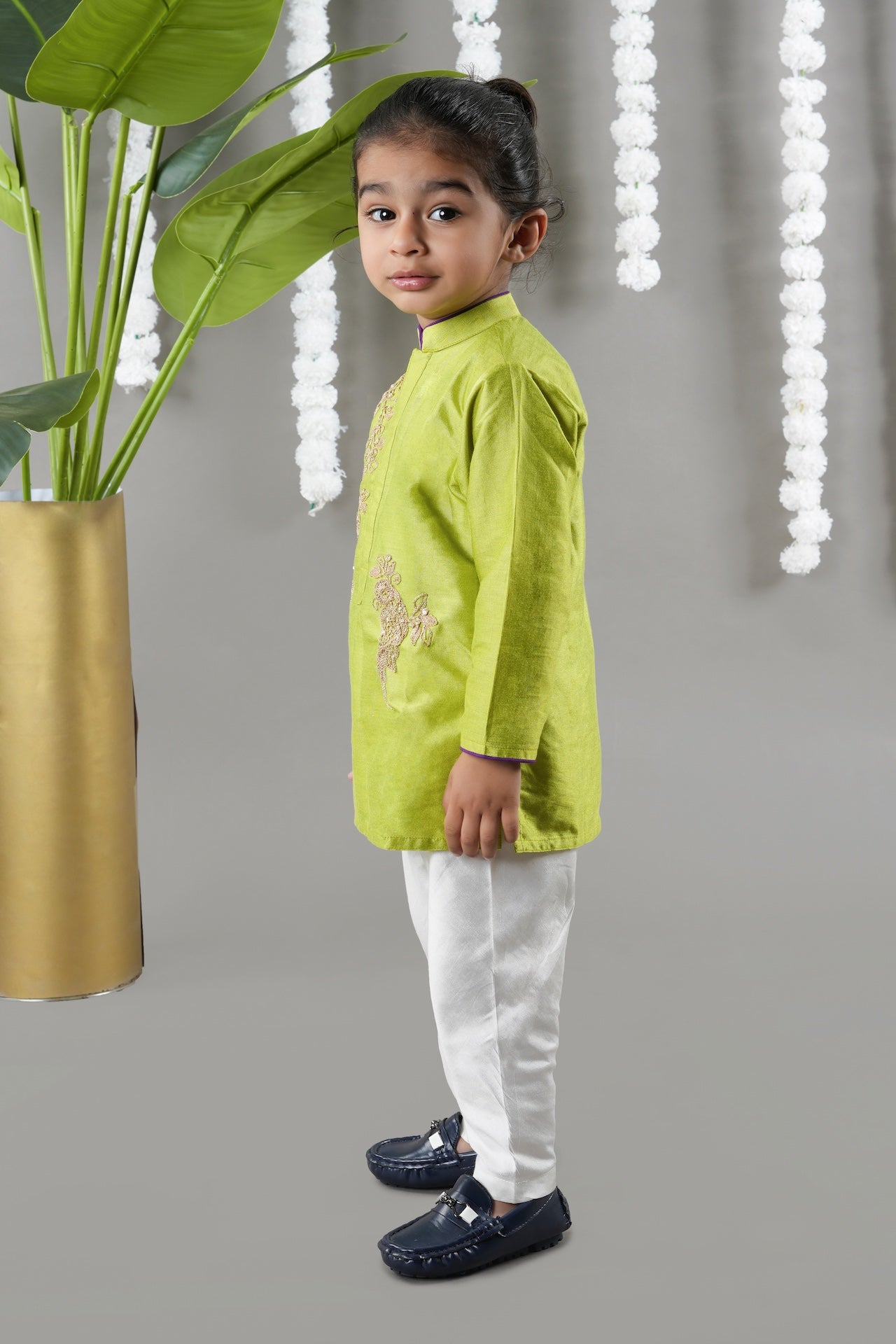 Parrot Green Kurta With Bird Cord Embroidery With Bottom Set