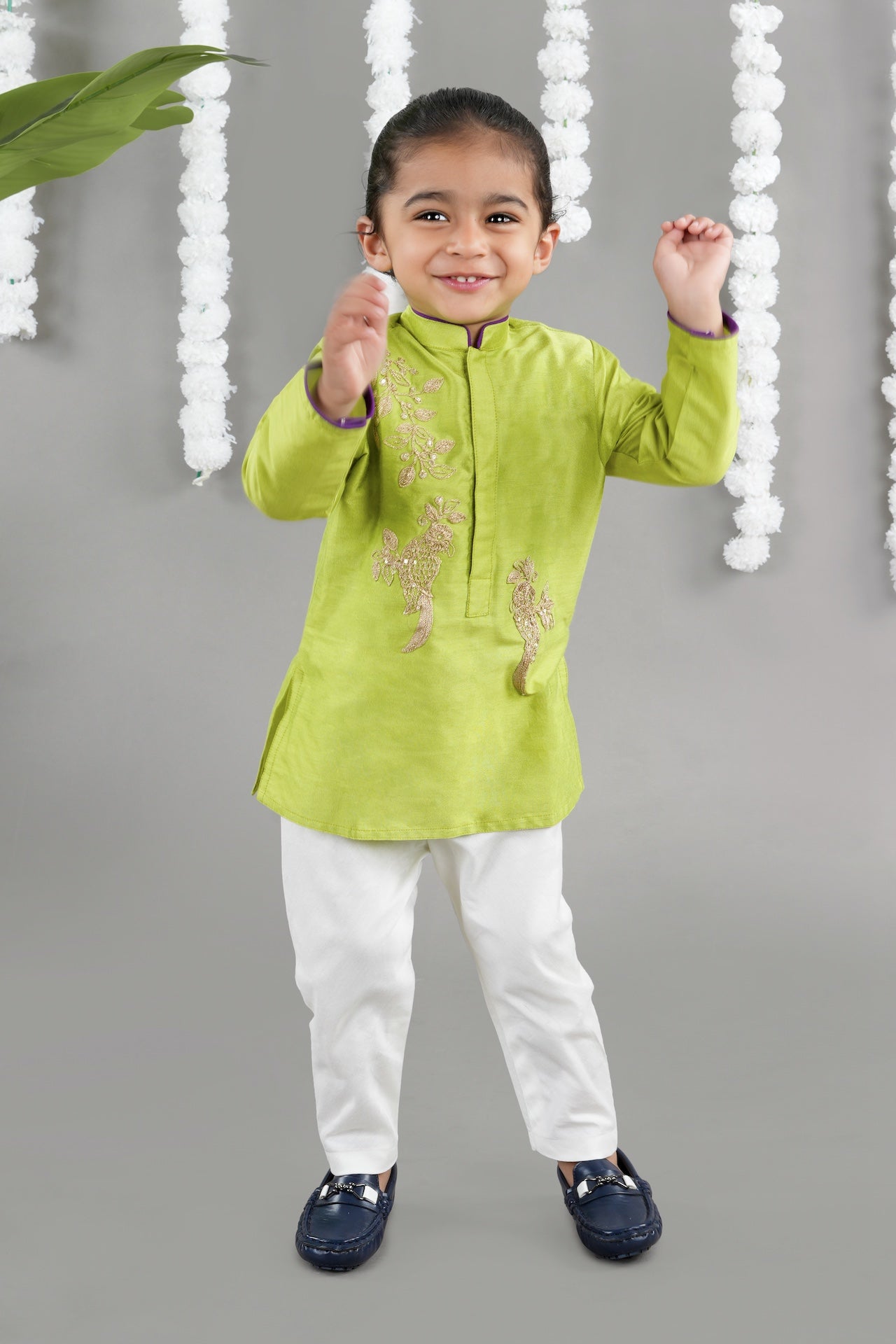 Parrot Green Kurta With Bird Cord Embroidery With Bottom Set