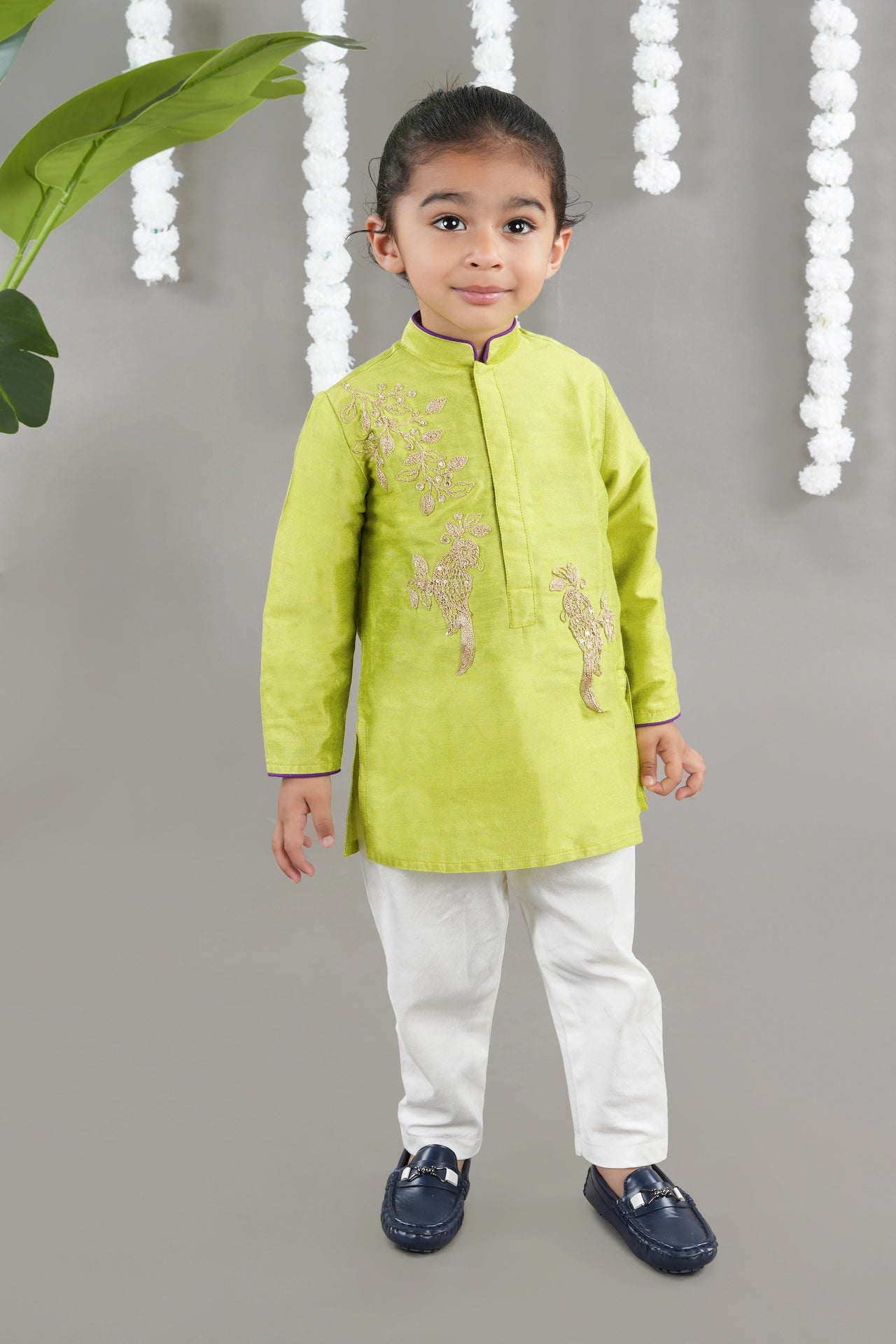 Parrot Green Kurta With Bird Cord Embroidery With Bottom Set