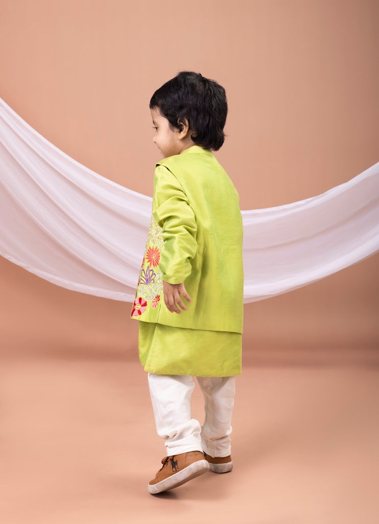 Parrot Green Kurta With Mix Heavy Embroidered Bundi Jacket With Pajama Set