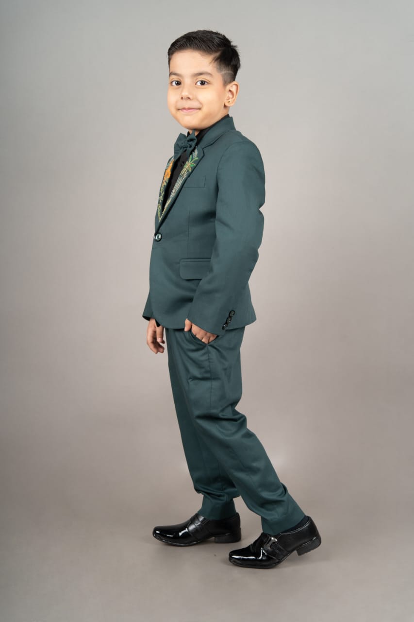Pine Green Laple Cheata Embroidered Suit/shirt/pant With Bow Tie Set