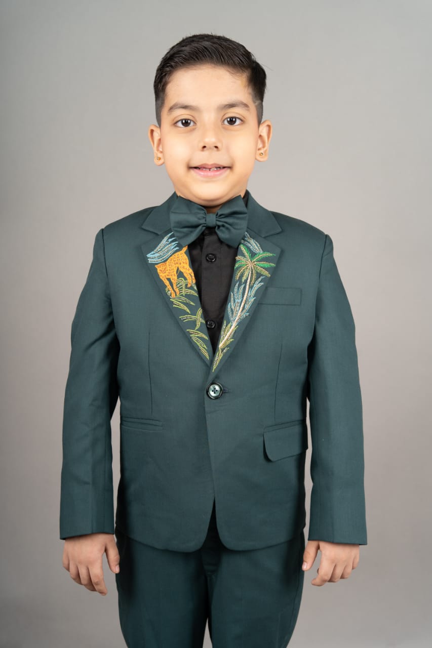 Pine Green Laple Cheata Embroidered Suit/shirt/pant With Bow Tie Set