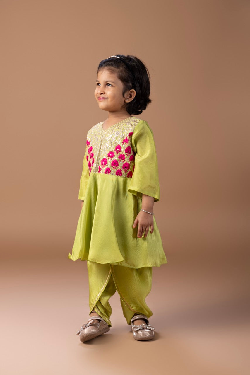 Parrot Green Heavy Zari And Thread Embroidery Peplum Top With Dhoti Pant Set