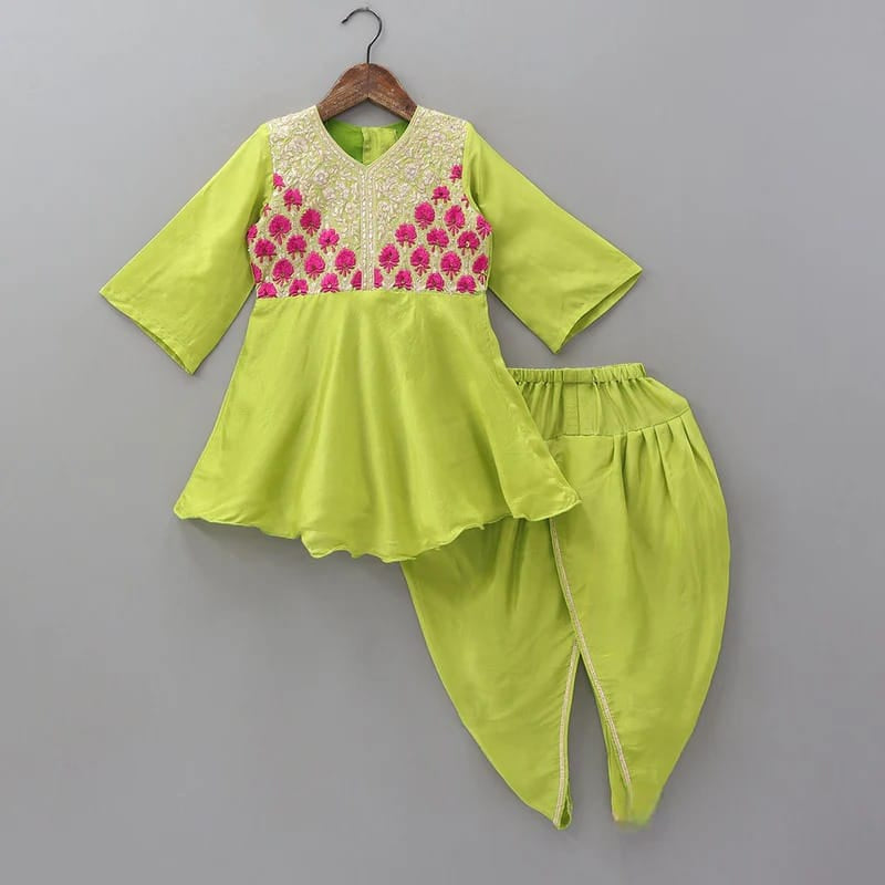Parrot Green Heavy Zari And Thread Embroidery Peplum Top With Dhoti Pant Set