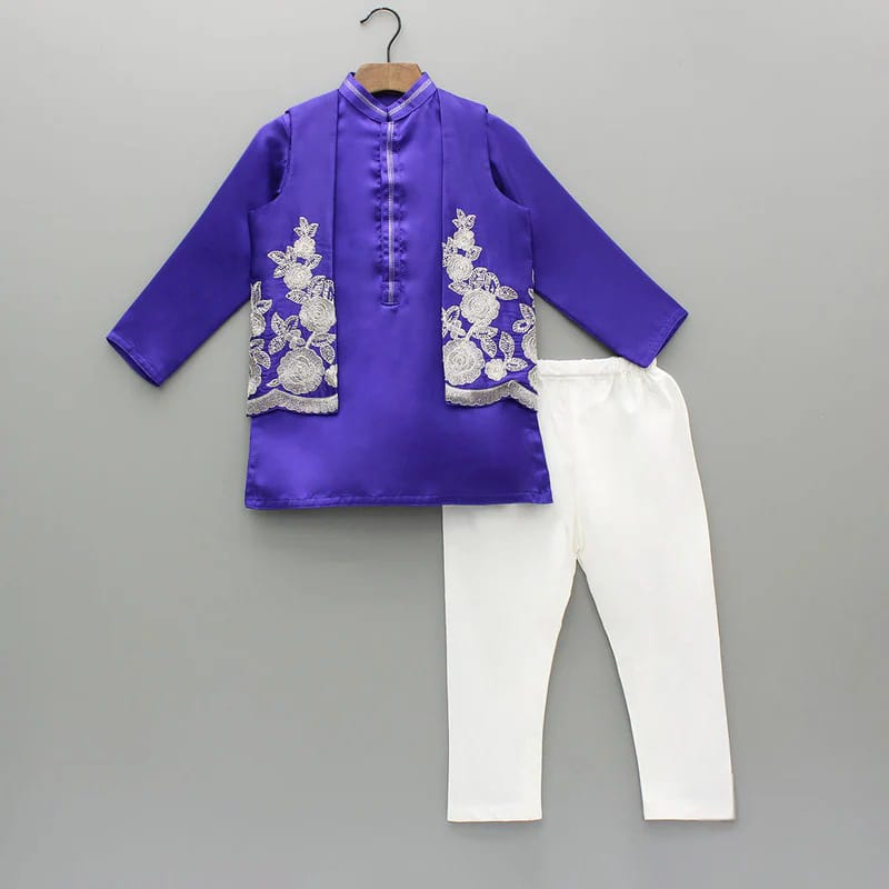 Purple Kurta With Embroidered Open Jacket With Bottom Set