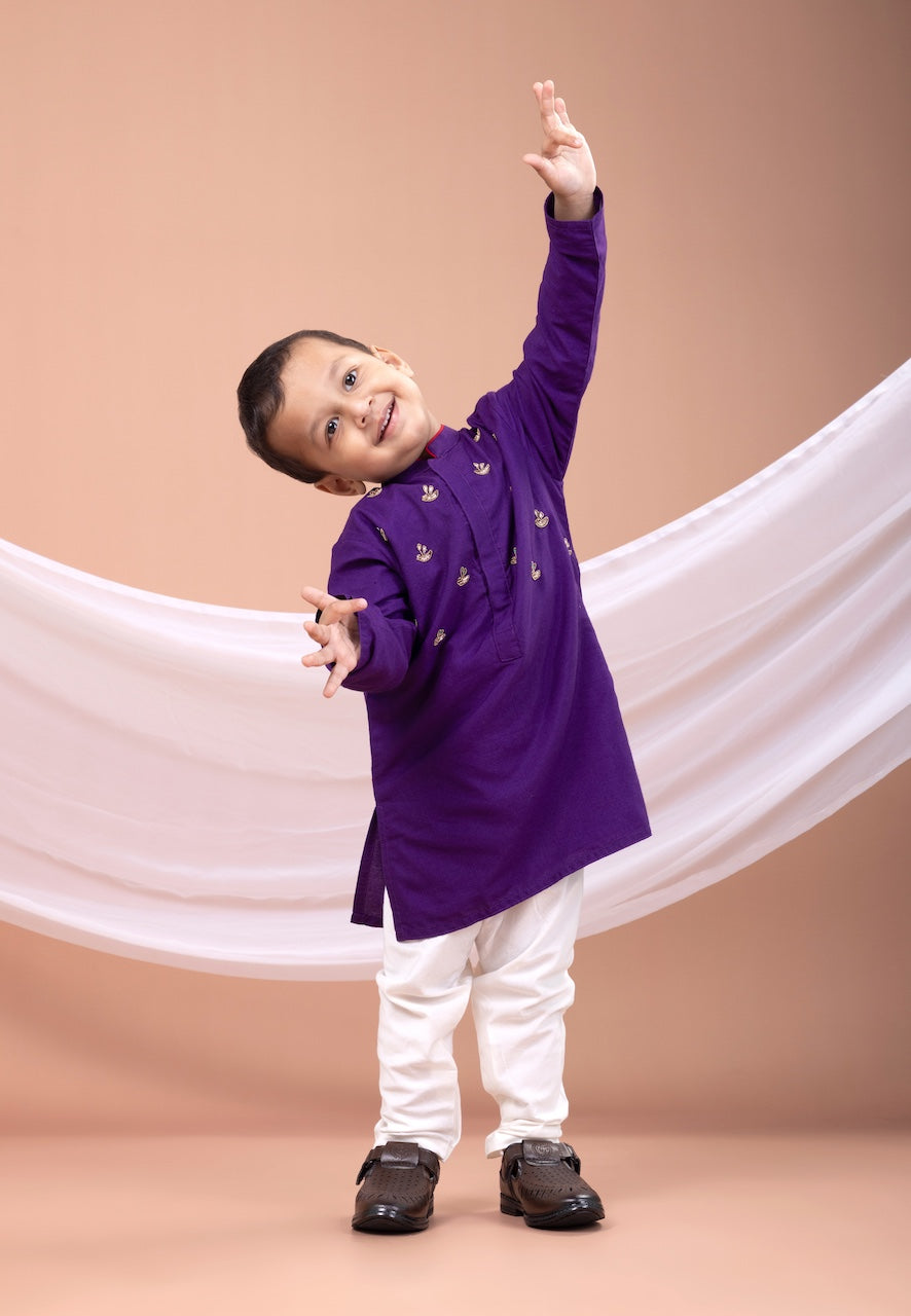 Purple Hand Embroidered Kurta With Pajama Set