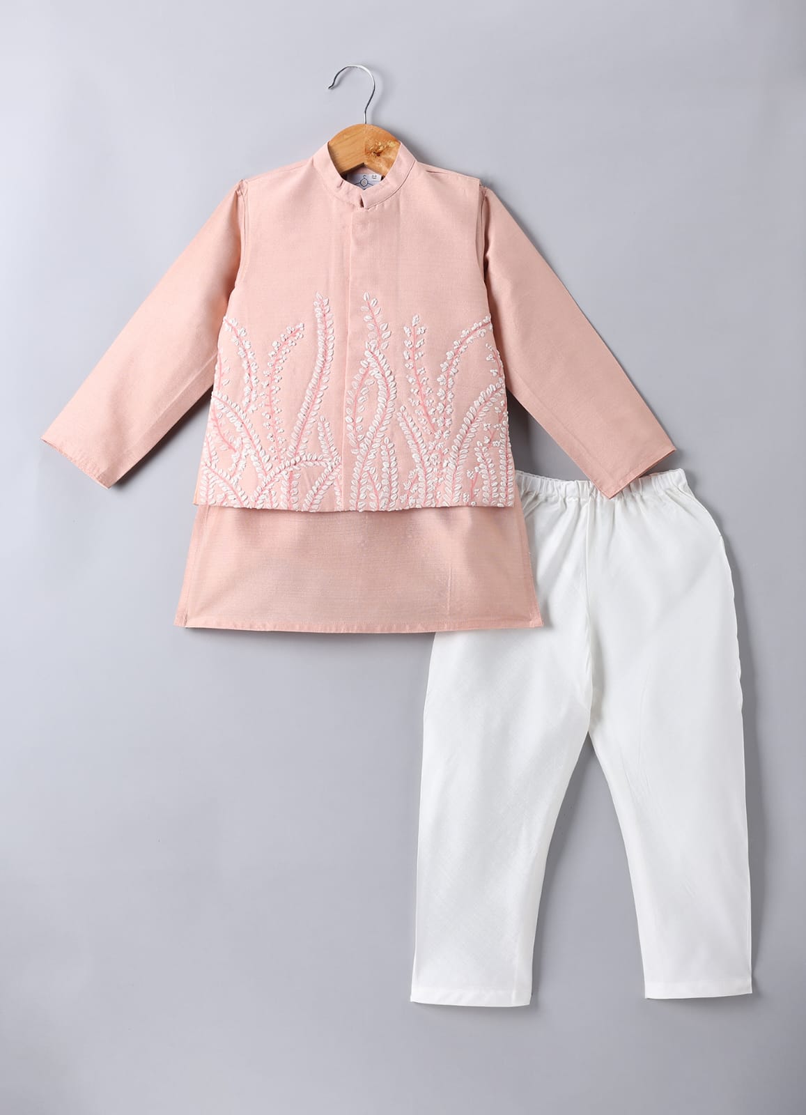 Peach Kurta With Leafs Hand Painted Embroidery Bundi Jacket With Pajama Set