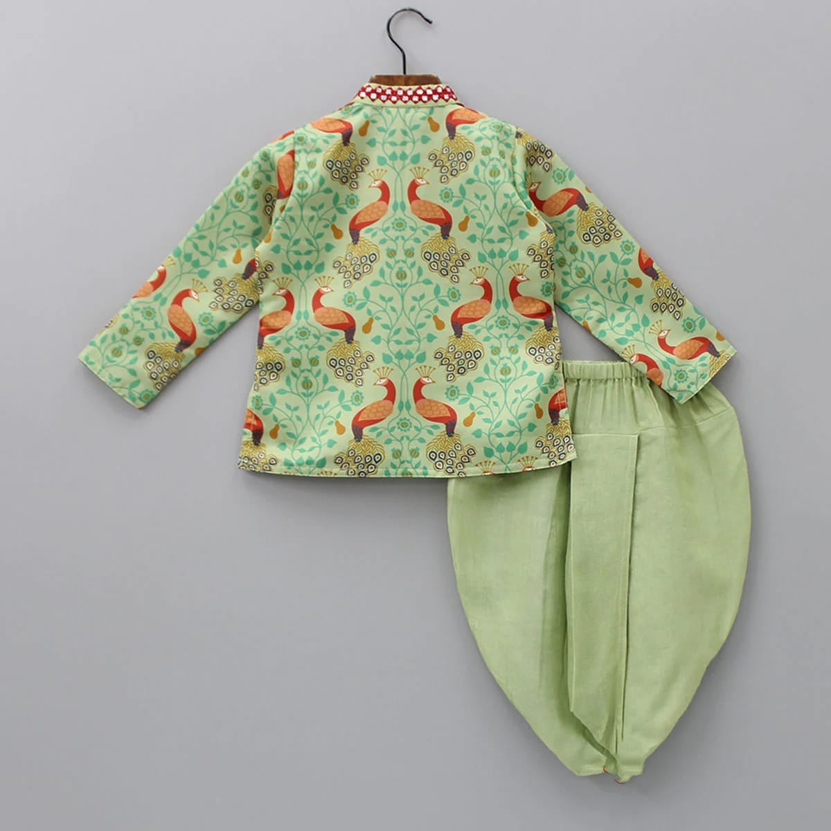 Pista Green Peacock Printed Kurta With Plain Dhoti Set