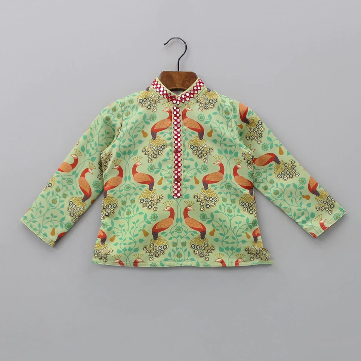 Pista Green Peacock Printed Kurta With Plain Dhoti Set