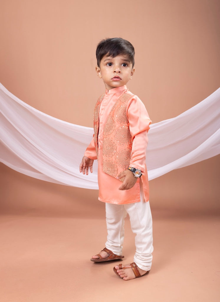 Peach Plain Kurta With Cord Zari Heavy Embroidered Open Jacket With Pajama Set