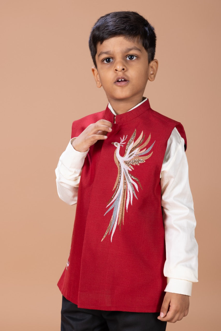 White Shirt With Phoenix Multicolour Embroidery Bundi Jacket With Pant Set