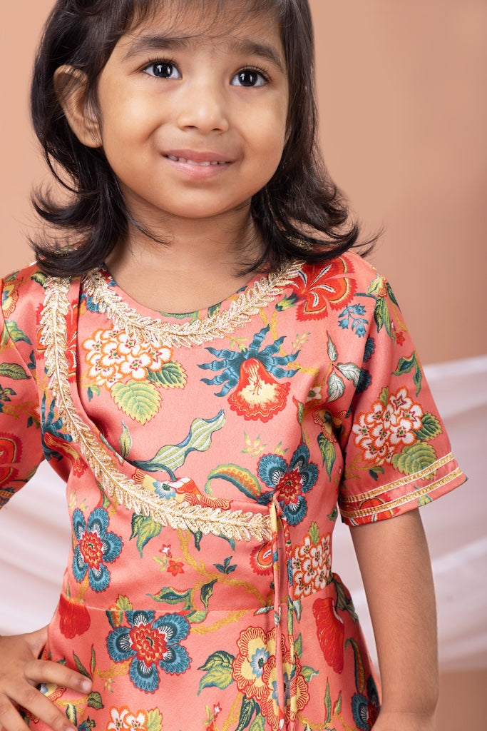 Peach Flower Printed Embroidered Anarkali Dress