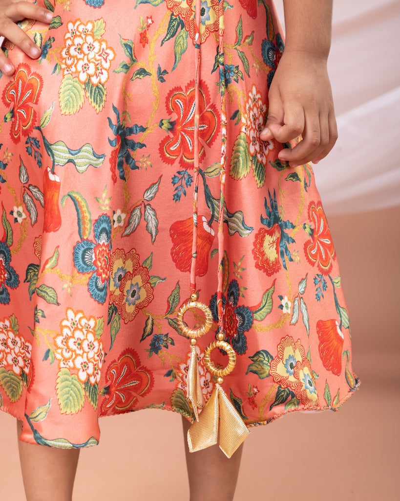 Peach Flower Printed Embroidered Anarkali Dress