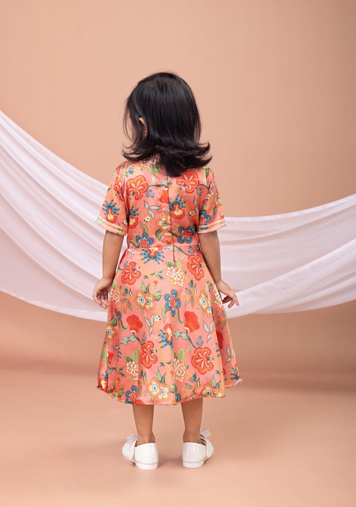 Peach Flower Printed Embroidered Anarkali Dress