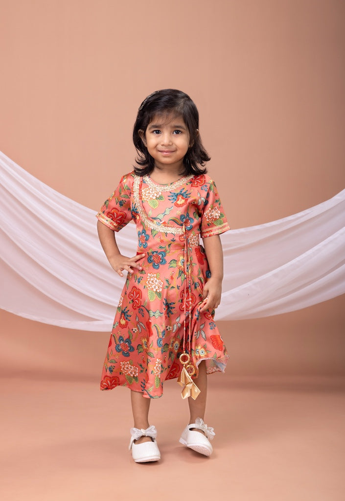 Peach Flower Printed Embroidered Anarkali Dress