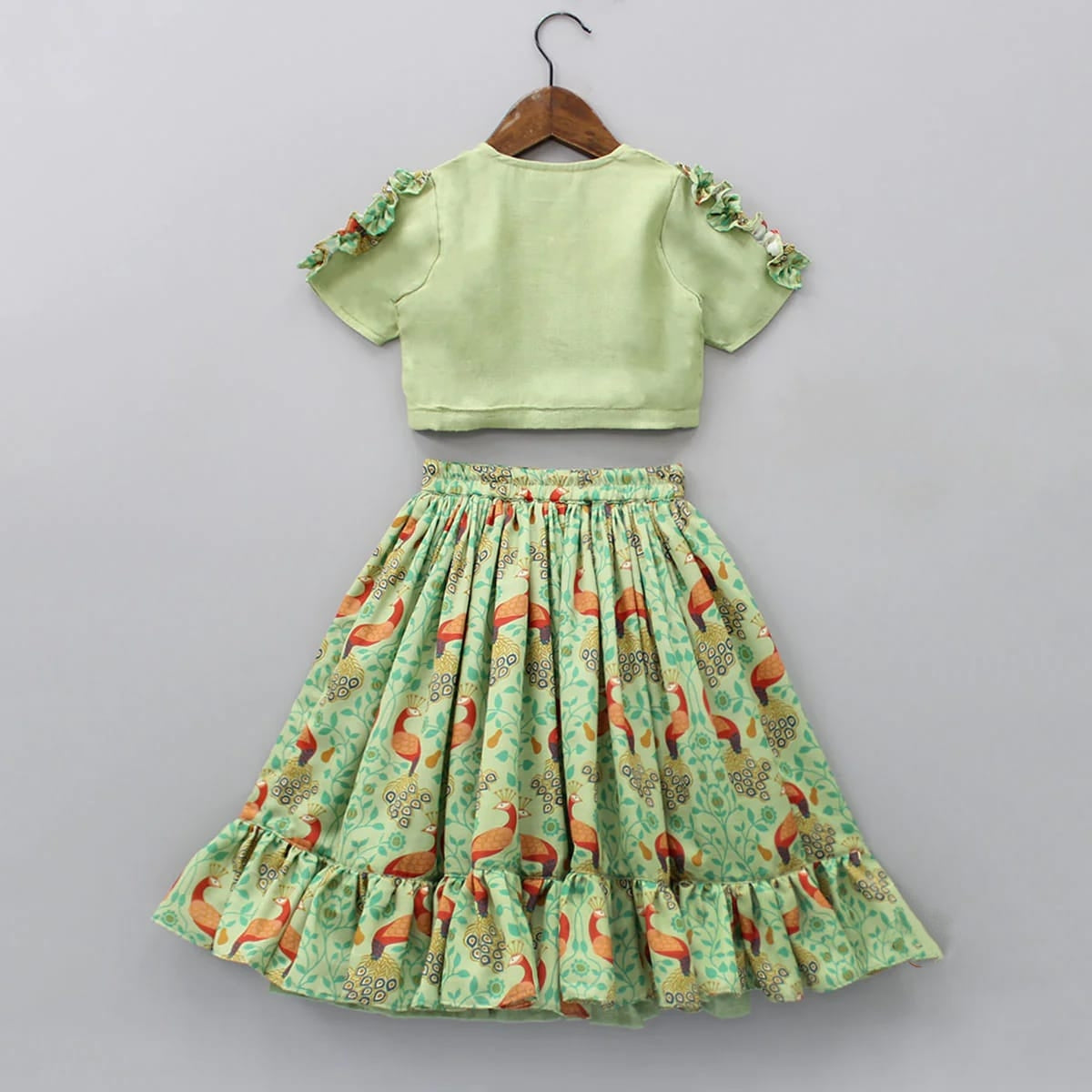 Pista Green Peacock Print And Embroidered Blouse With Ghagara Set