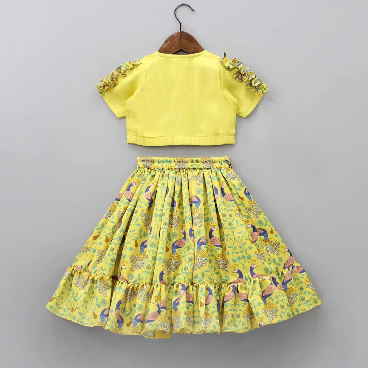 Yellow Peacock Print And Embroidered Blouse With Ghagara Set