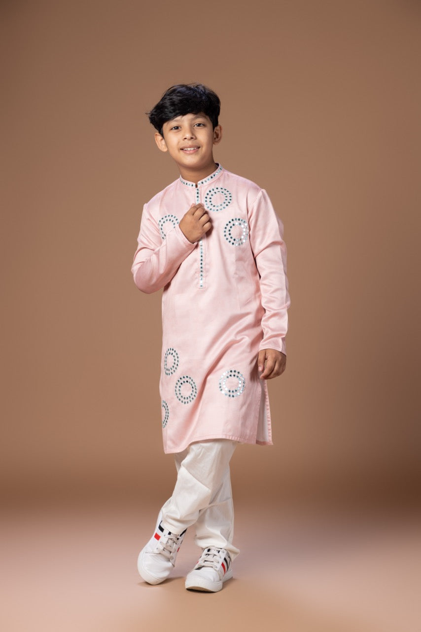 Powder Pink Mirror Work Embroidery Kurta With Pajama Set