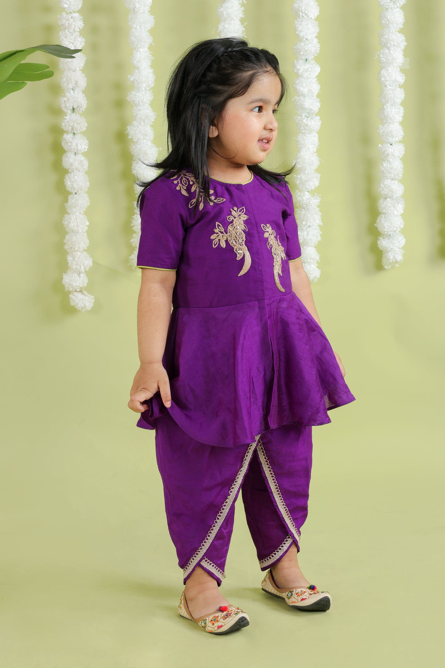 Purple Bird Cord Embroidery Peplum Top With Dhoti Pant Set