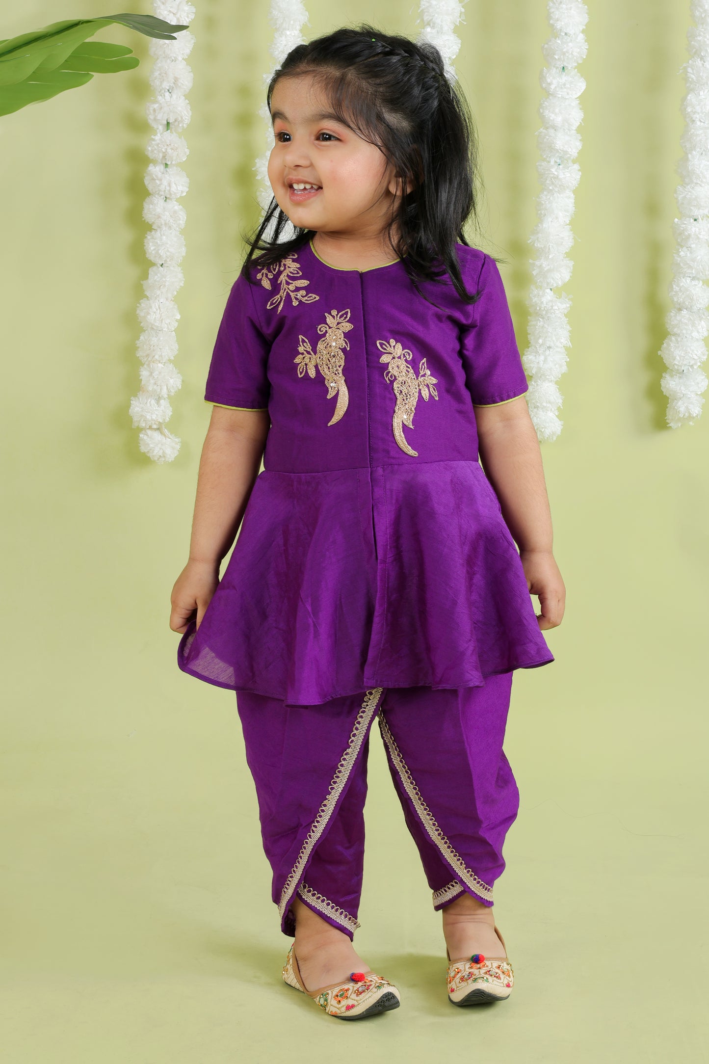 Purple Bird Cord Embroidery Peplum Top With Dhoti Pant Set