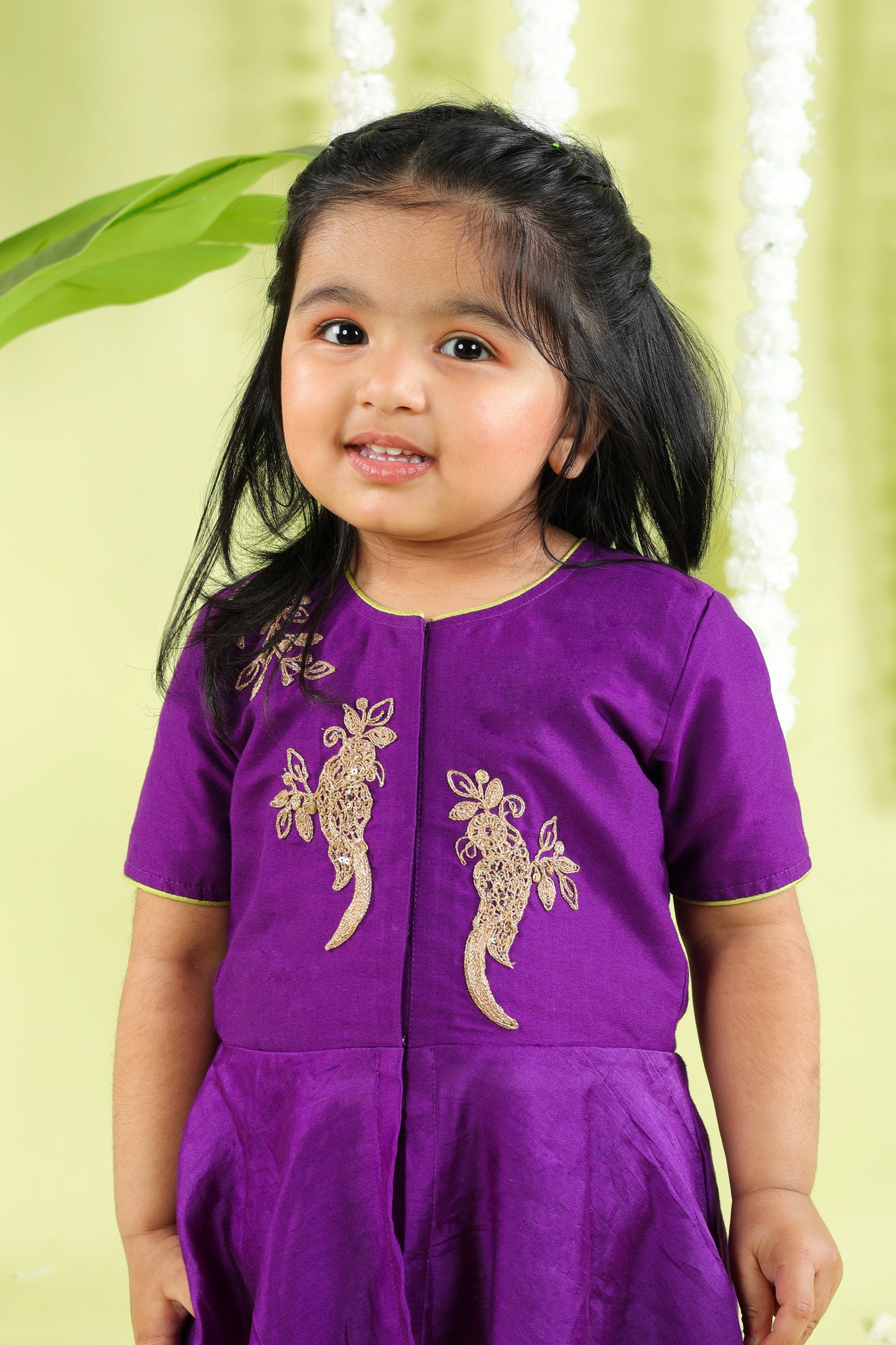 Purple Bird Cord Embroidery Peplum Top With Dhoti Pant Set