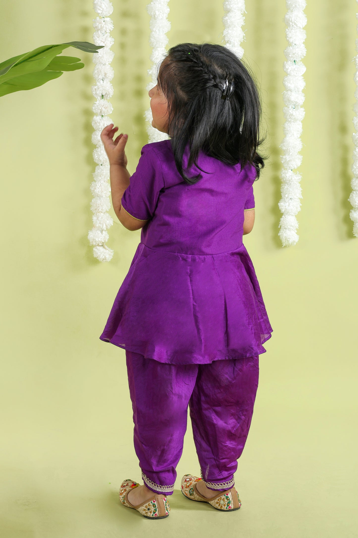 Purple Bird Cord Embroidery Peplum Top With Dhoti Pant Set