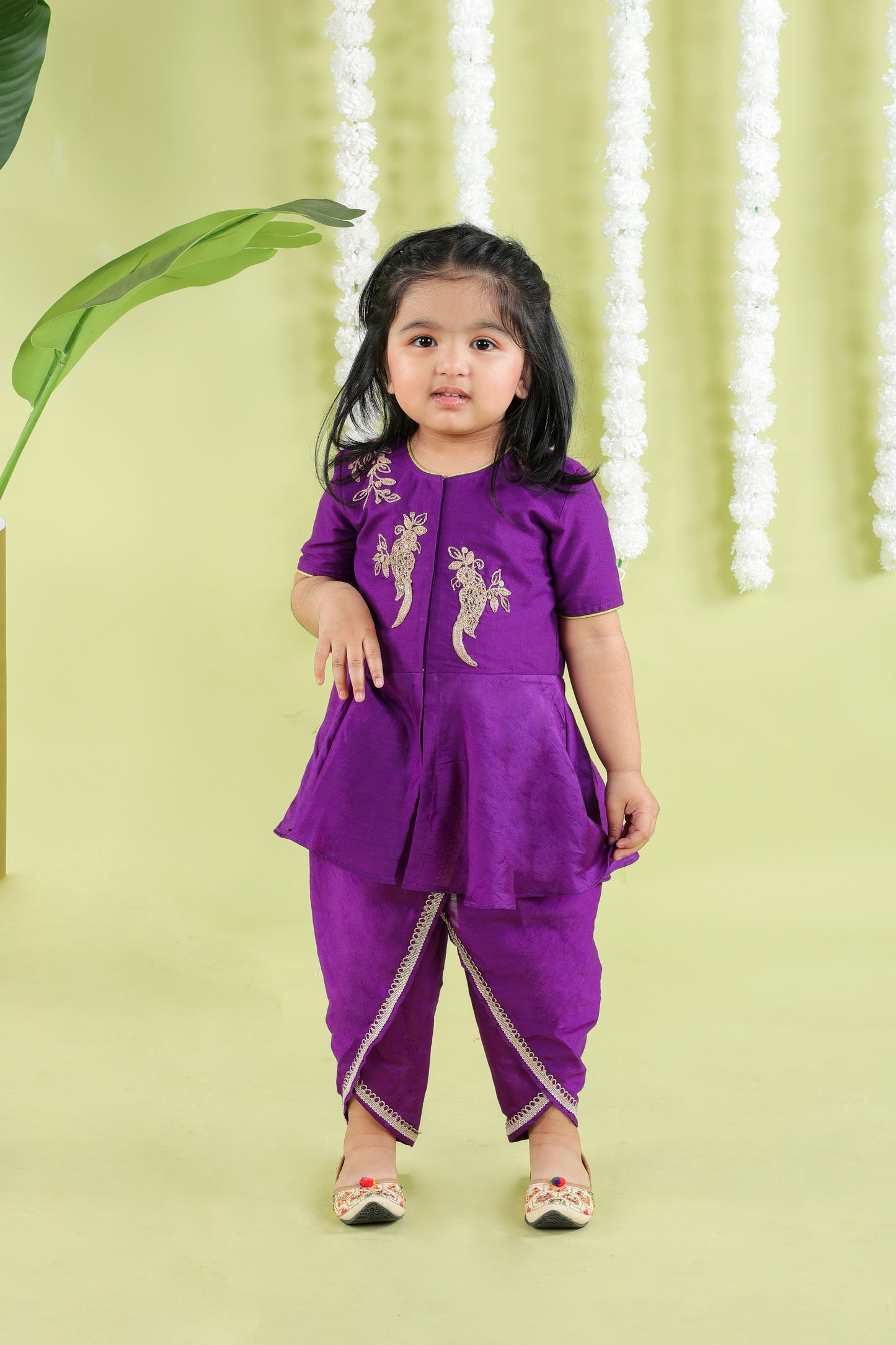 Purple Bird Cord Embroidery Peplum Top With Dhoti Pant Set