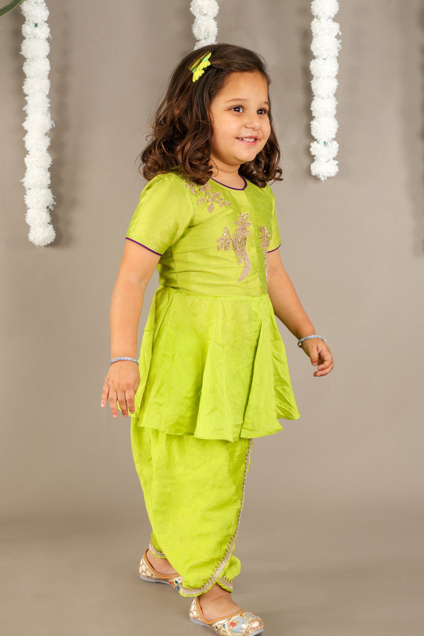 Parrot Green Bird Cord Embroidery Peplum Top With Dhoti Pant Set