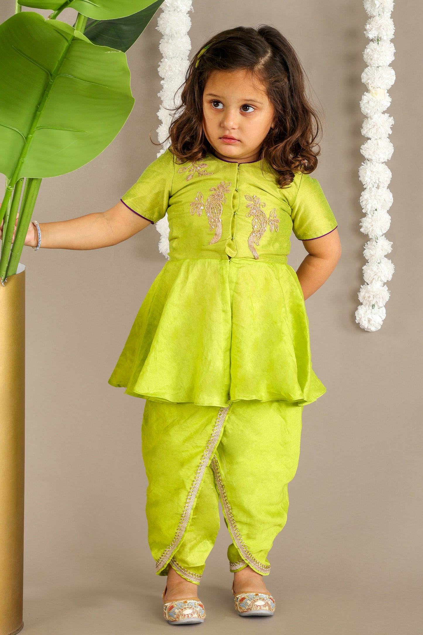 Parrot Green Bird Cord Embroidery Peplum Top With Dhoti Pant Set