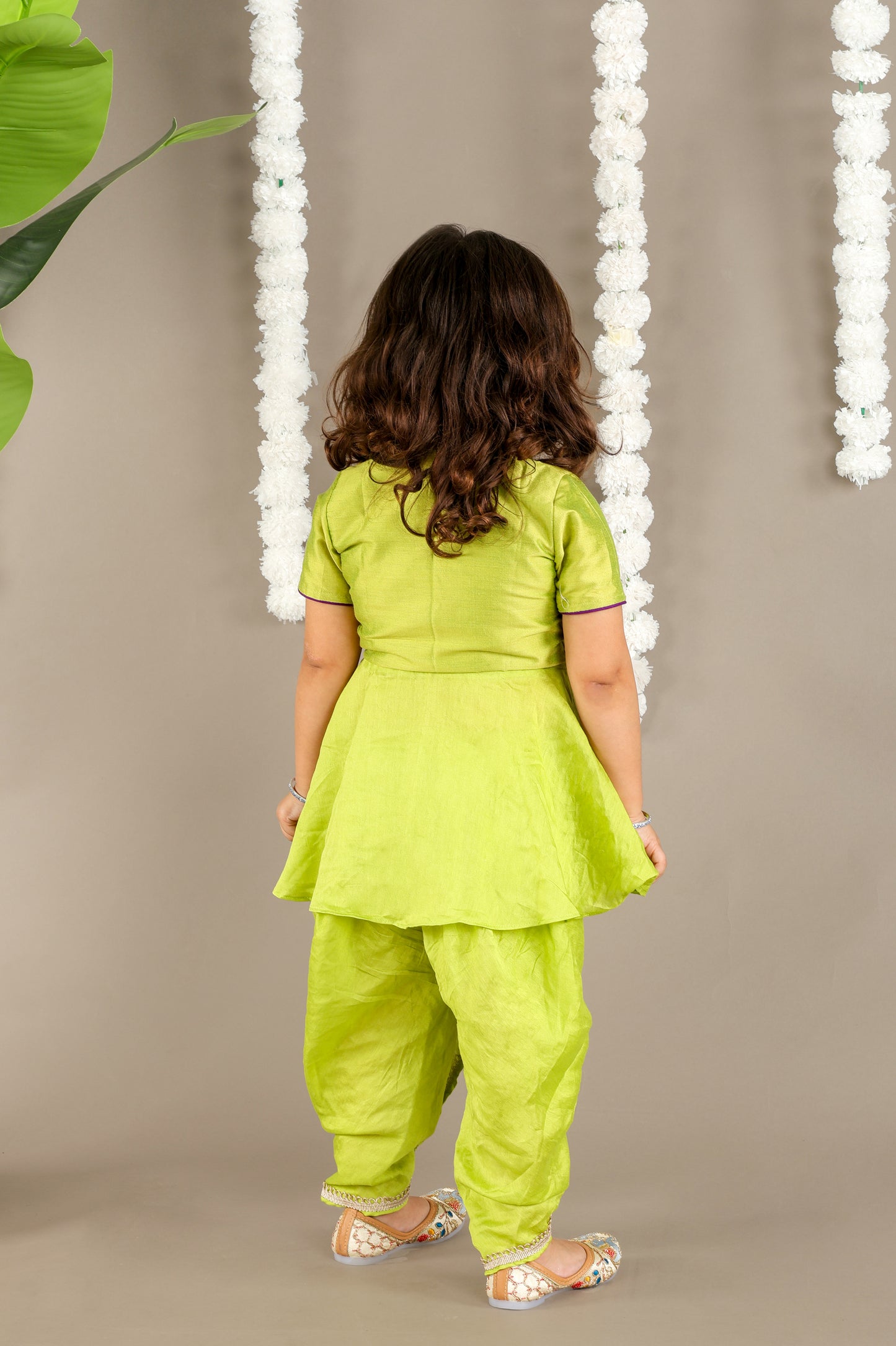 Parrot Green Bird Cord Embroidery Peplum Top With Dhoti Pant Set