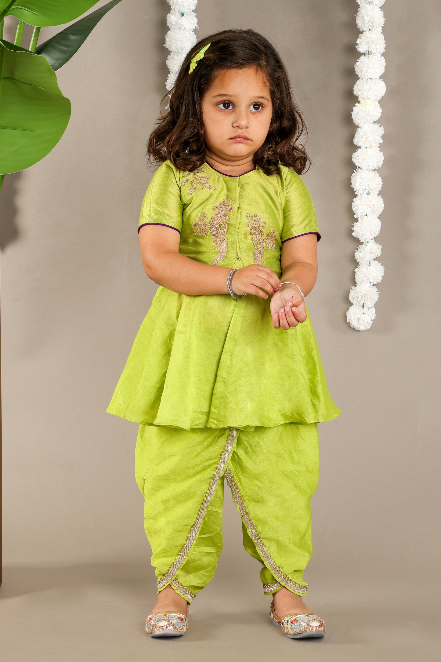 Parrot Green Bird Cord Embroidery Peplum Top With Dhoti Pant Set