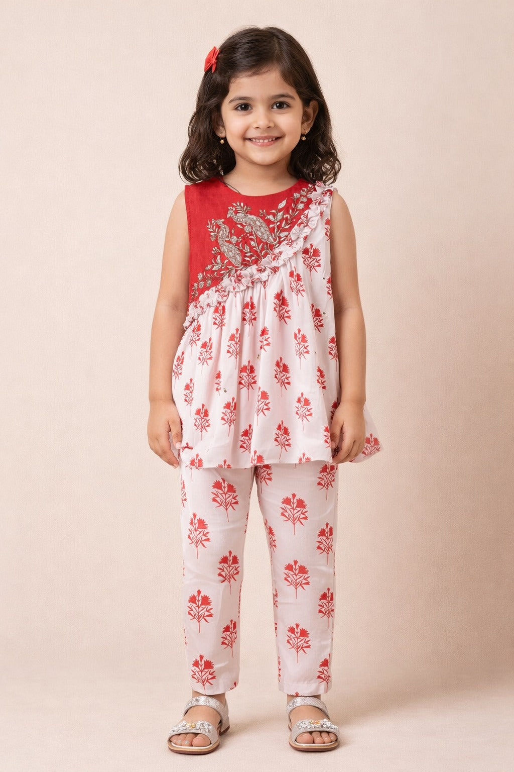 Red Peacock And Flower Zari Embroidery Top With Flower Printed Cord Set