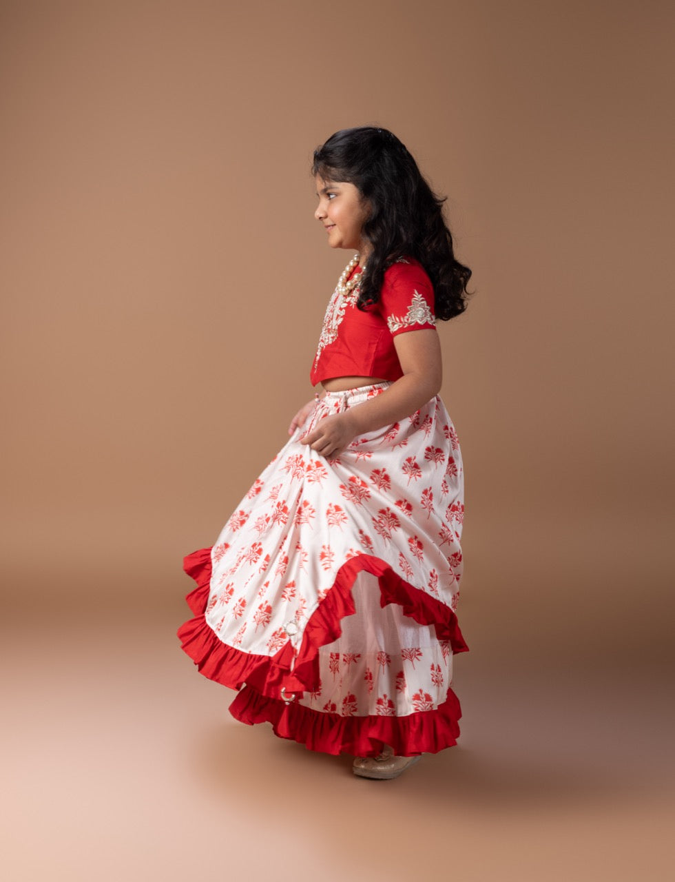 Red Peacock And Flower Embroidery Blouse With Cream Flower Printed Double Layer Ghagara Set