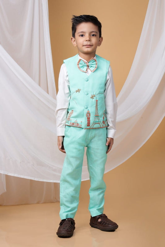 White Shirt/Mint Green Travel Theme Hand Embroidery Waist Coat/Pant/Bow Tie Set