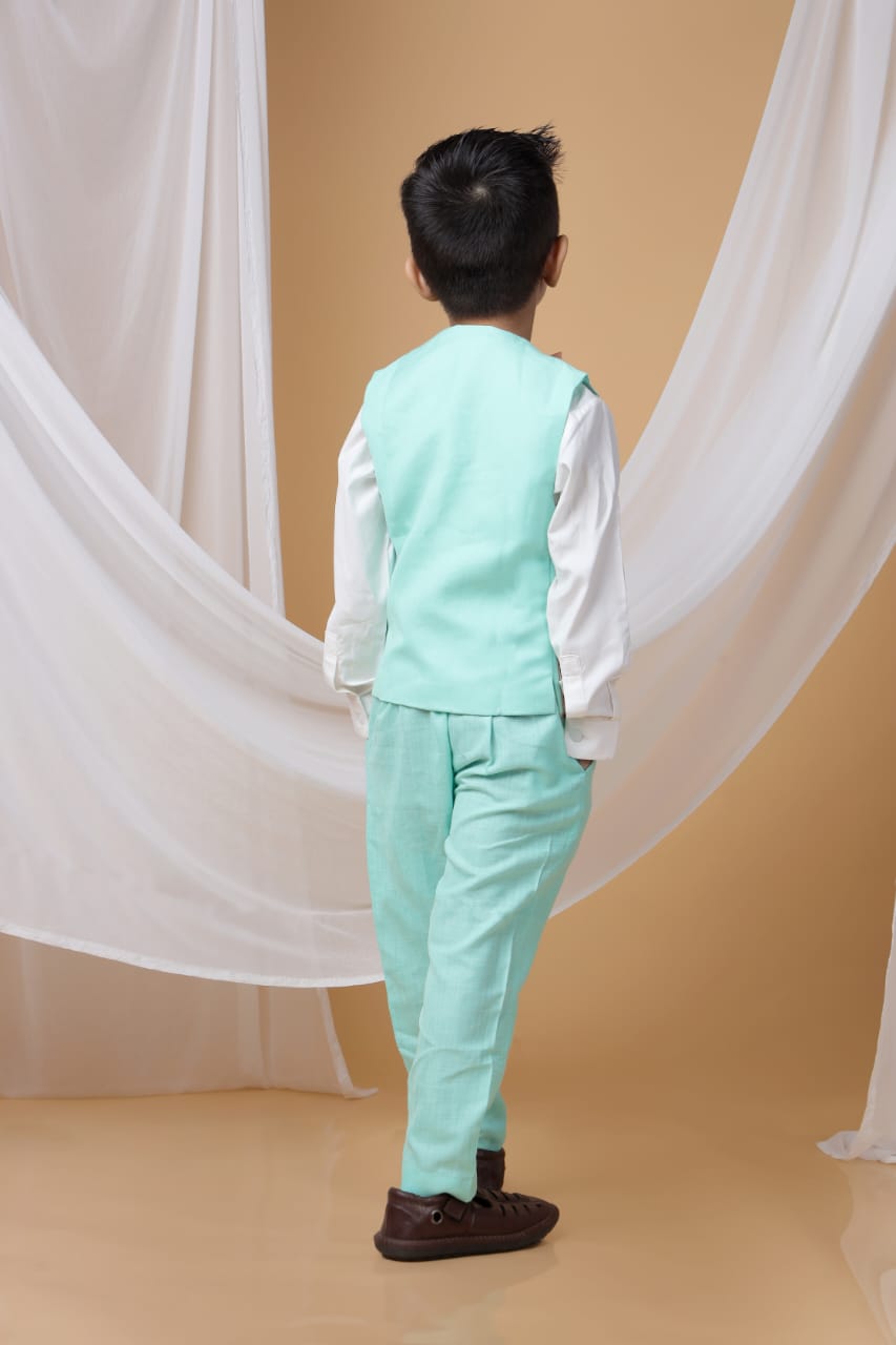 White Shirt/Mint Green Travel Theme Hand Embroidery Waist Coat/Pant/Bow Tie Set
