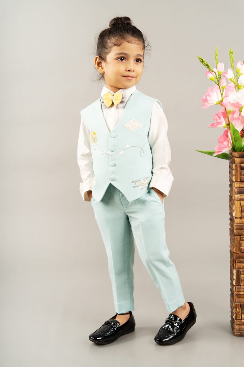 White Shirt Aqua Blue Pant Aqua Blue Embroidered Waist Coat With Bow Tie Set