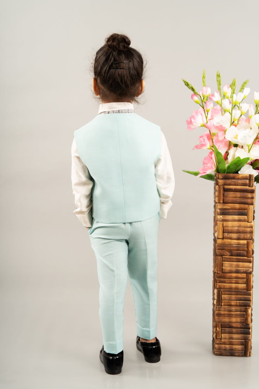 White Shirt Aqua Blue Pant Aqua Blue Embroidered Waist Coat With Bow Tie Set