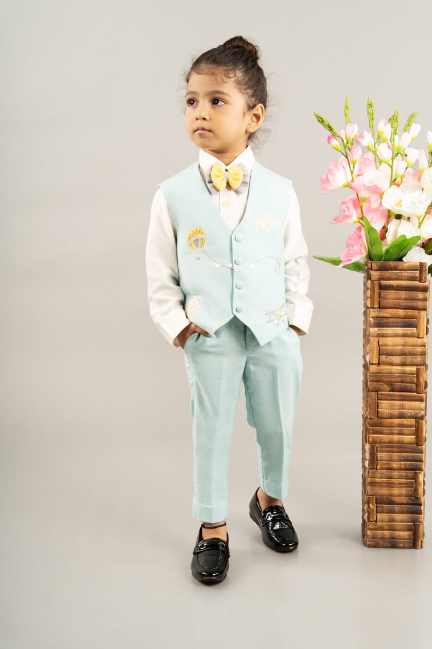 White Shirt Aqua Blue Pant Aqua Blue Embroidered Waist Coat With Bow Tie Set