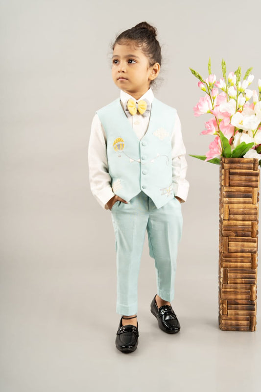 White Shirt Aqua Blue Pant Aqua Blue Embroidered Waist Coat With Bow Tie Set
