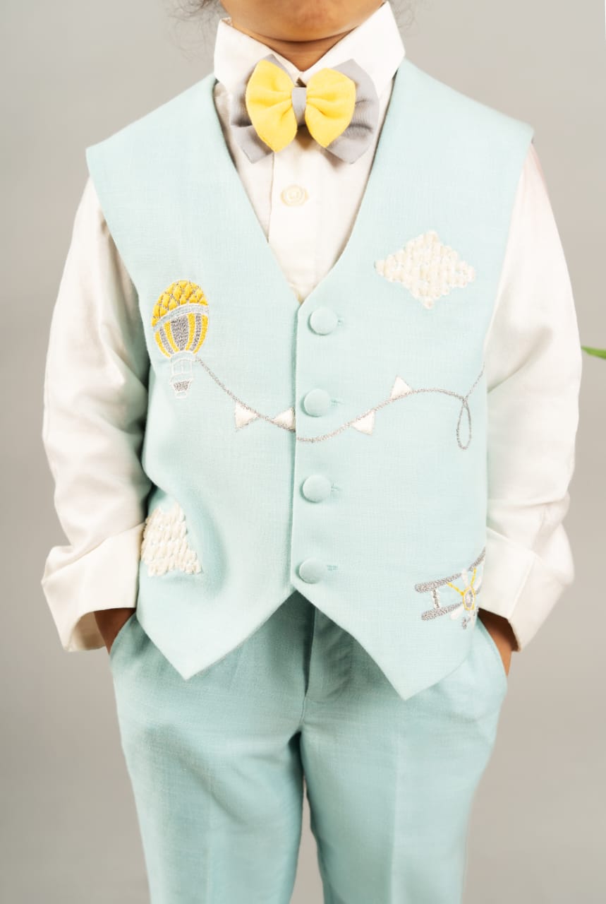 White Shirt Aqua Blue Pant Aqua Blue Embroidered Waist Coat With Bow Tie Set