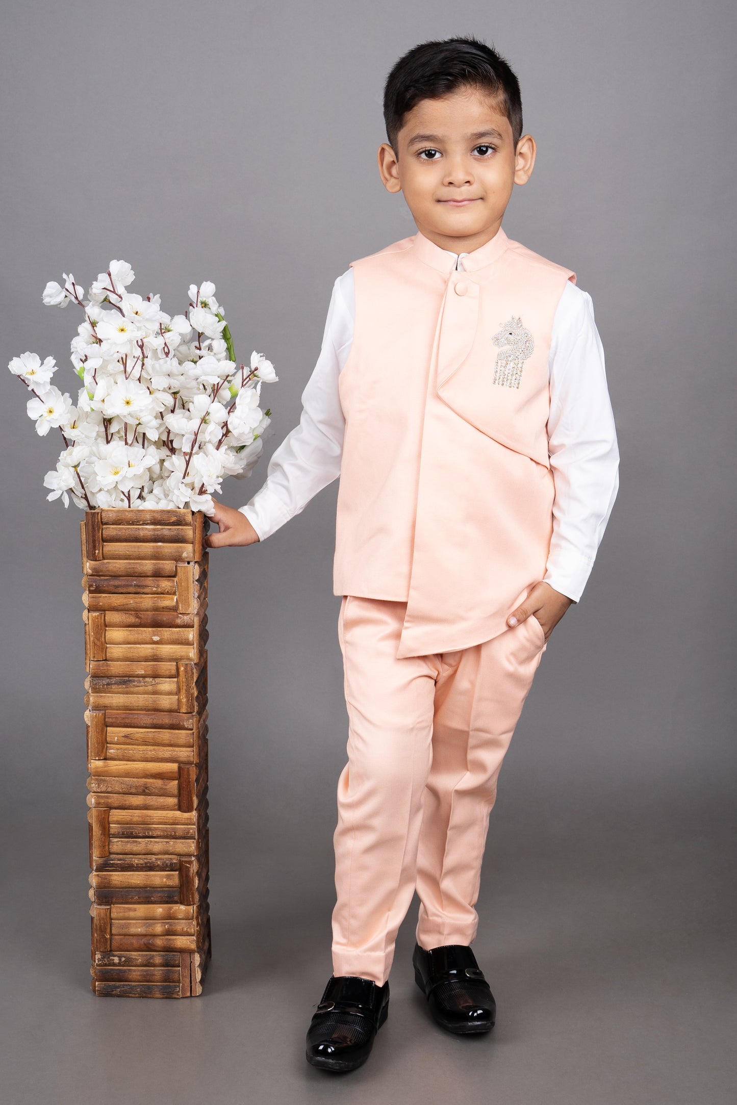 White Shirt/Pink Horse Hand Embroidery Bundi With Flap/Pink Pant Set