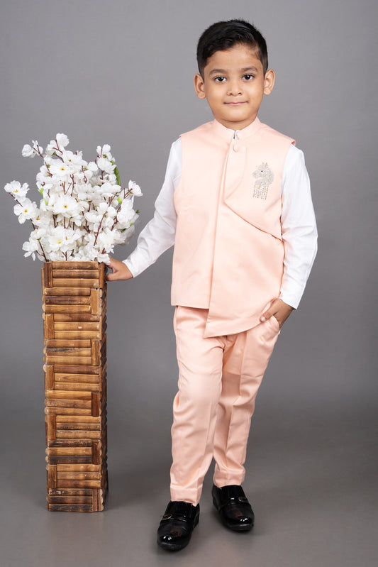 White Shirt/Pink Horse Hand Embroidery Bundi With Flap/Pink Pant Set