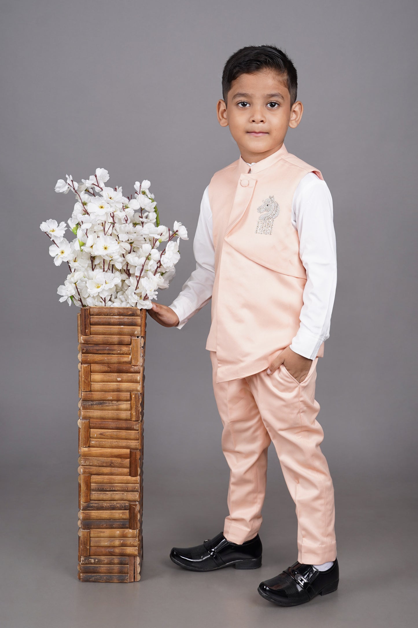 White Shirt/Pink Horse Hand Embroidery Bundi With Flap/Pink Pant Set